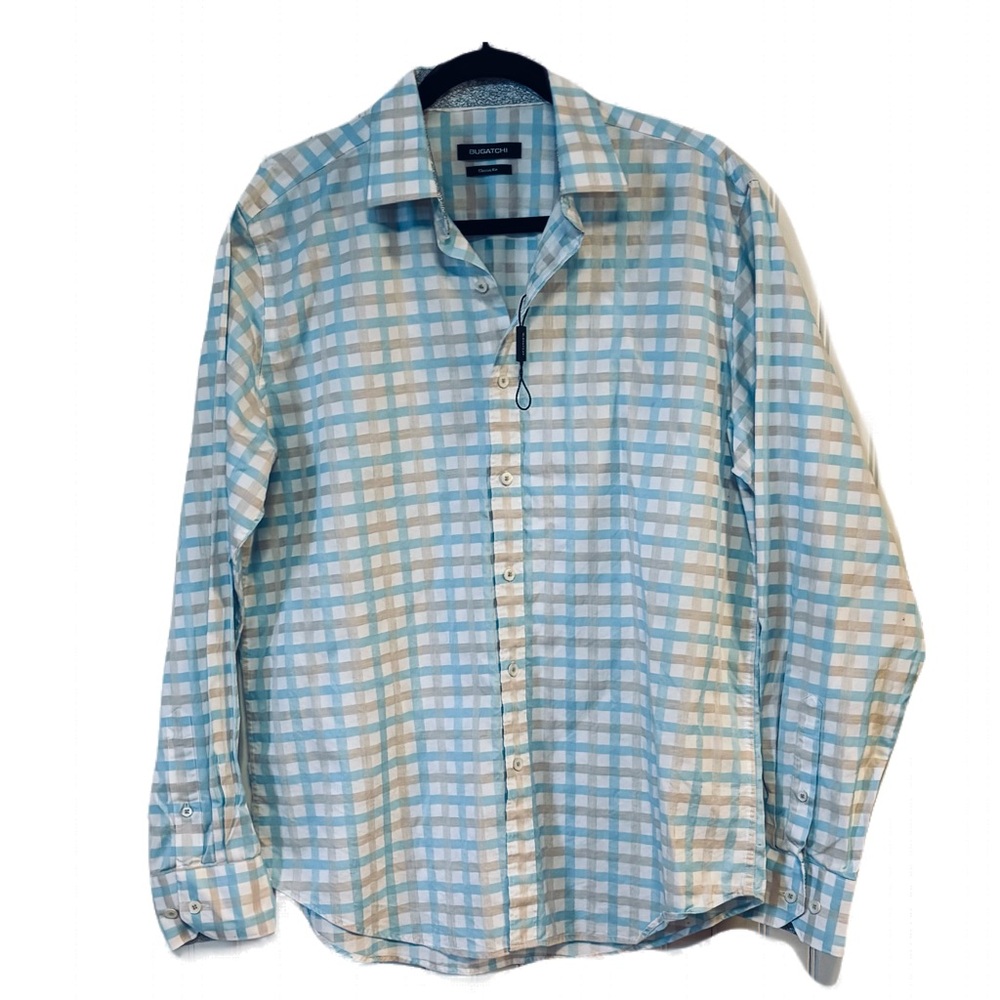 Men’s Bugatchi button up shirt lt blue, cream & white print classic fit Medium